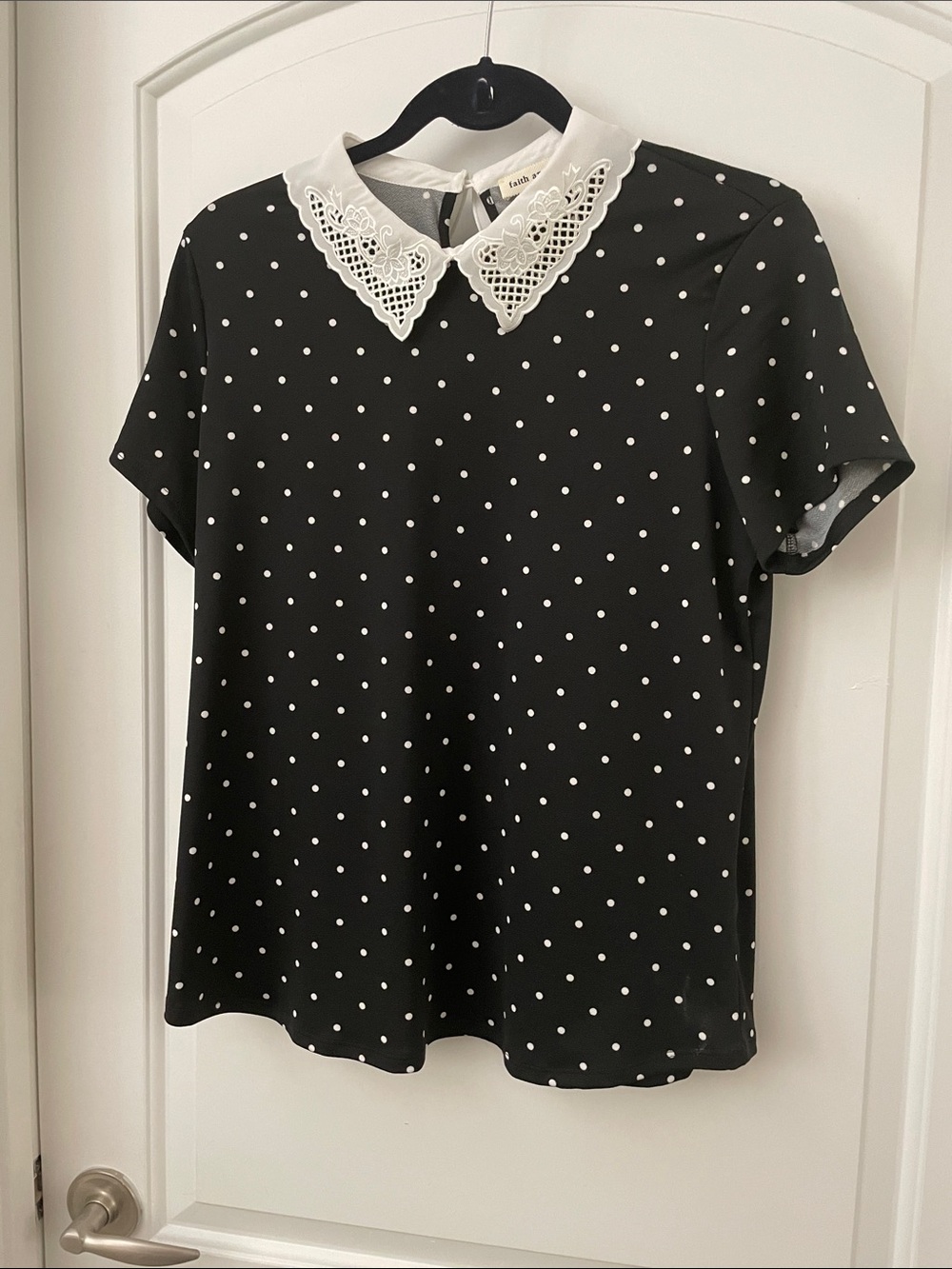 Faith and Joy Black Polka Dot Short Sleeve Blouse with White Lace Collar